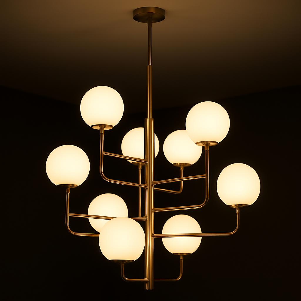 A large chandelier with multiple arms supporting several spherical lights with a brass finish, likely designed to evoke a ...