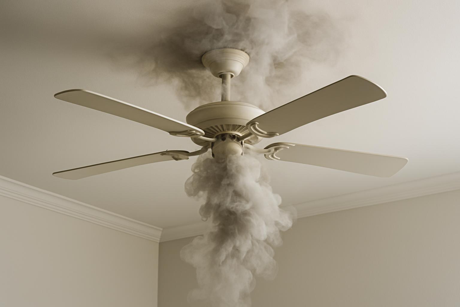 An electric ceiling fan spinning rapidly, spewing rapid currents of hot air across a room.