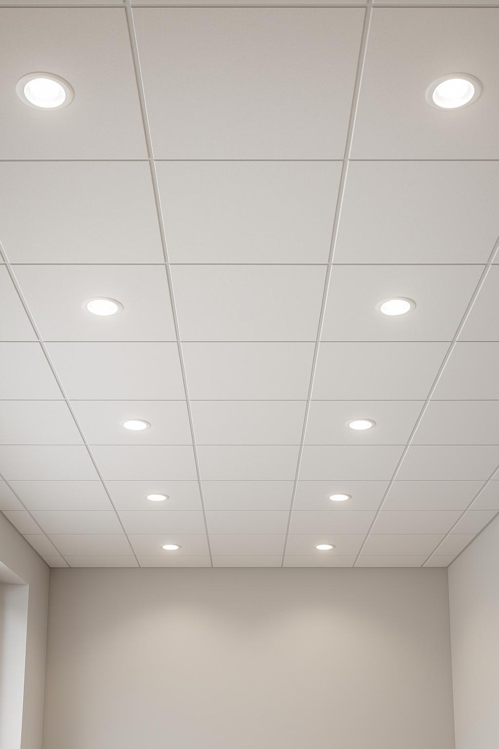 The ceiling is composed of white square tiles with recessed lights installed and attached to a white wall.