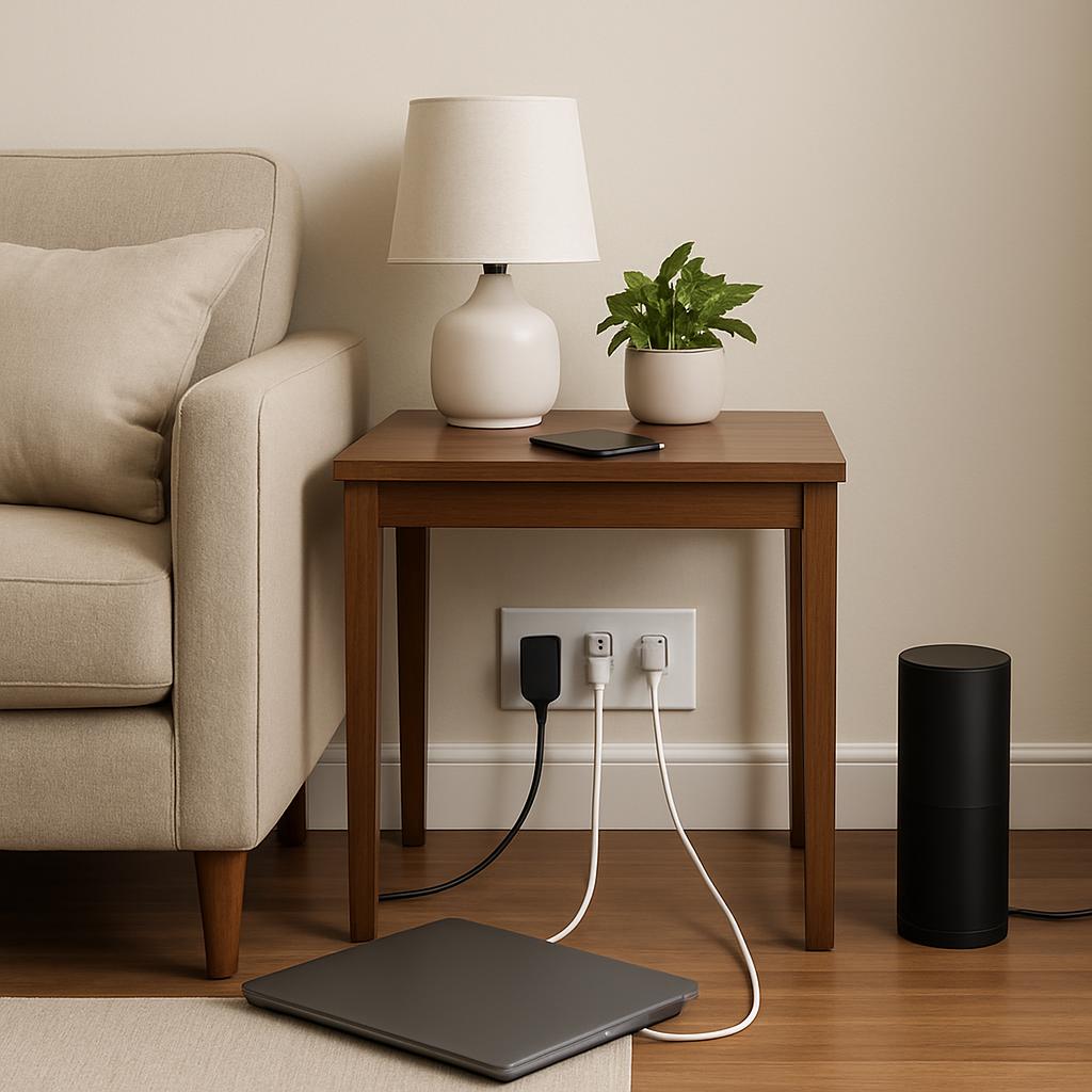 A wood end table, solid-colored beige couch, and some accessories. A potted plant sits on the table, with a white lamp on ...
