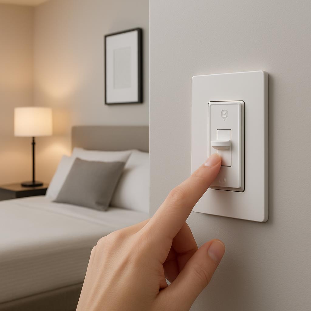 Here is the alt text for the image: A person adjusting a light switch in a room with a bed, lamp and picture. [Caption: An...