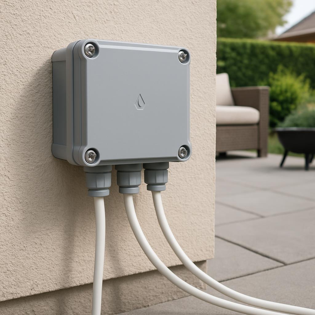 An outdoor electrical outlet with white cords plugged into it, attached to a beige stucco wall or light brown building. Th...