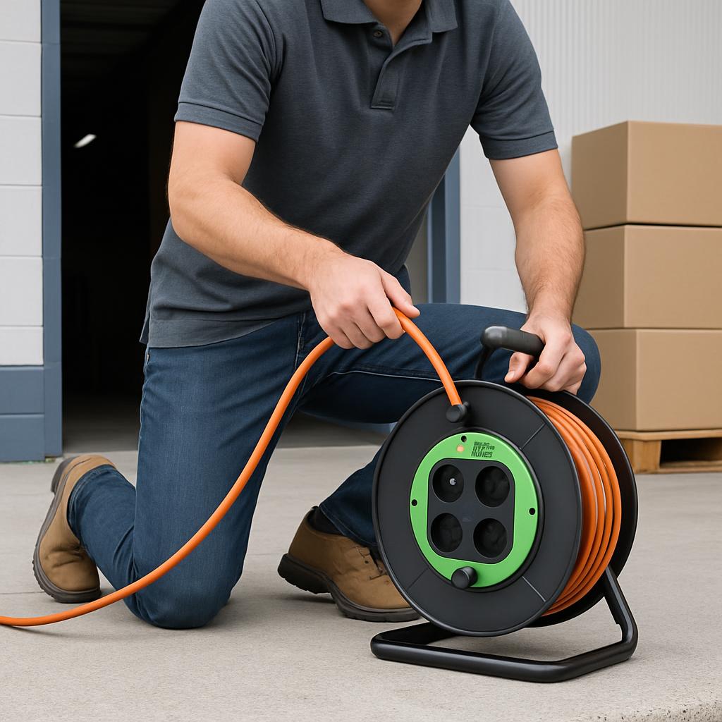 A man kneeling on the ground, holding an orange extension cord that is coiled in a black and green reel. The reel features...