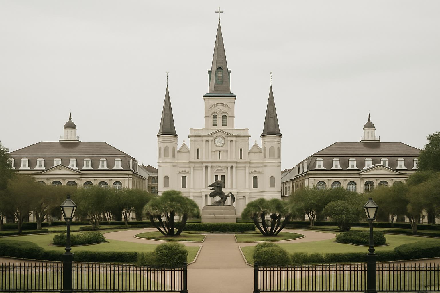A white church with a tall steeple and a courtyard in the French Quarter of New Orleans, Louisiana.
